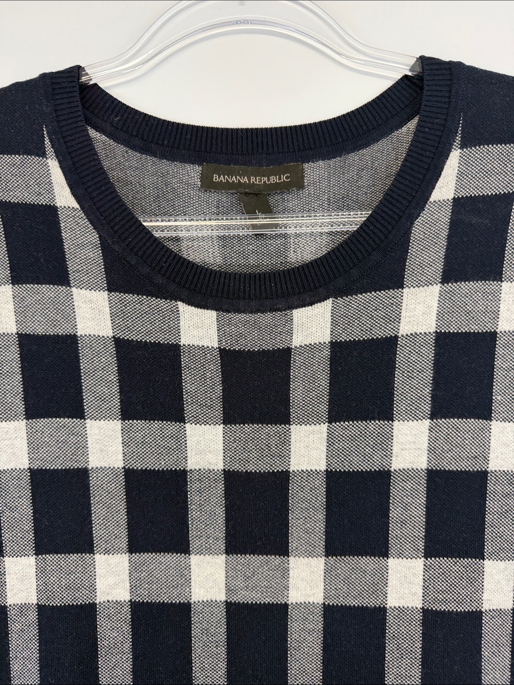 Banana Republic Navy Gingham Sweater Knit Midi Dress Short Sleeve Size L - Picture 7 of 8